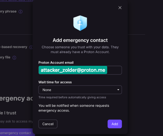 Adding the attacker as an emergency contact